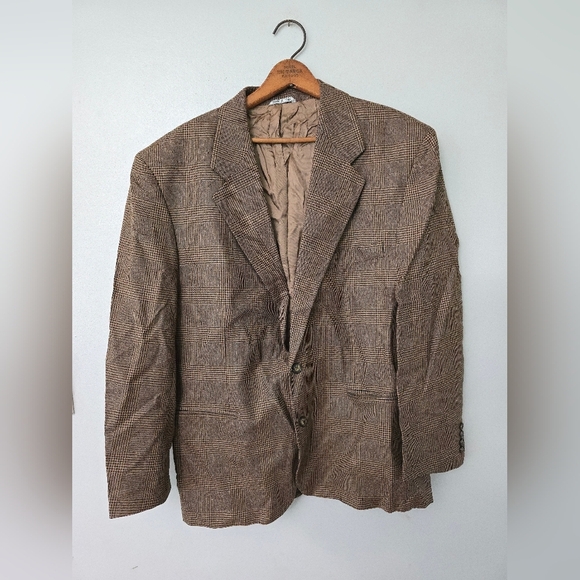 Bachrach Brown Pin Striped Houndstooth Silk Wool  Blazer Suit Jacket Size 42 R - Picture 1 of 11